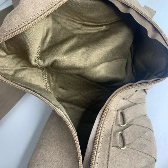 ShoeDazzle Tan Faux Suede Thigh High Stiletto Boots Tassel Lace Up 7.5 - Picture 7 of 11